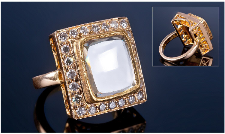 High Carat Gold Diamond Cluster Ring, Set With A Large Rectangular Flat Diamond In A Closed Back