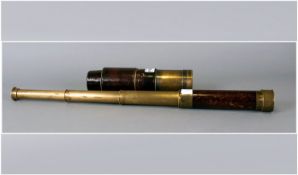 A Three Draw Brass Extending Pocket Telescope, mahogany casing engraved JP Cutts London. Together
