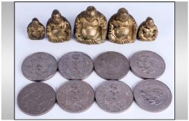 Set Of 5 Graduating Brass Buddha Opium Weights/Trade Tokens Together With  A Collection Of Modern