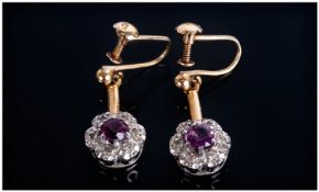Pair Of 9ct Gold Drop Earrings, Drops Set With Red Ruby Coloured Stones Surrounded By Diamond Chips