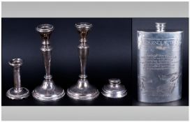 Miscellaneous Lot Of Silver Comprising, 2 Candlesticks, Candle Holder & An Inkwell Together With An