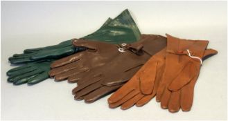 Three Pairs of Ladies Gauntlet Style Leather Gloves, one dark green pair with large, pleated cuffs