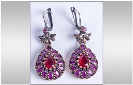 Ladies Ruby & Topaz Silver Drop Earrings, Stamped 925