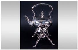 Victorian Spirit Kettle on Stand with engraving to the teapot and spirit burner to base. 12 inches
