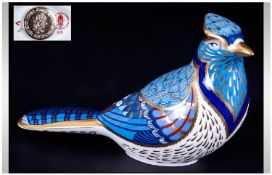 Royal Crown Derby Paperweight `Blue Jay` Date 1999. Gold stopper, 4`` in height. 1st quality & mint