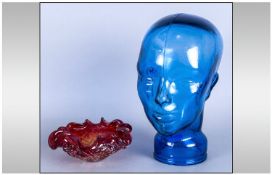 Blue Glass Head Hat Stand together with glass dish