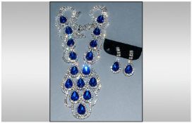 Royal Blue and White Crystal Statement Necklace and Earrings Set, eight blue pear drops looped
