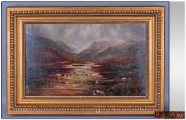 H.C.Fox River Landscape At Dusk, oil on canvas,signed. Size 29x49cms. In broad gilt period frame.
