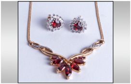9ct Gold Garnet & Diamond Necklace Together With 9ct Gold Garnet Earrings.