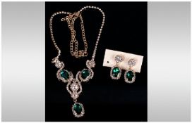 Emerald Green and White Crystal Necklace and Earrings Set, three oval faceted emerald green