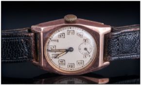 A 1920`s - Mechanical Rose Gold Cased Wrist Watch, with Original Leather Strap. Hallmark To