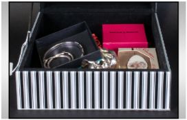 Decorative Perspex Box containing a small quantity of silver jewellery, 2 white metal fruits, B & W