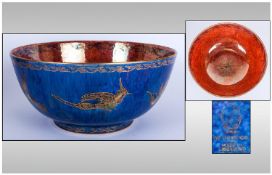 Wedgwood Blue and Orange Large Lustre Footed Bowl. c.1930`s. Decorated with Images of Birds and