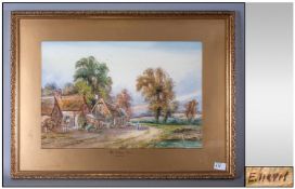 A Watercolour Drawing of the Village Inn with figures in the foreground in a rural setting. Signed