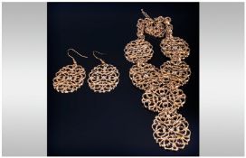 Openwork Panel Statement Necklace and Earrings, the necklace comprising five of the oval, openwork