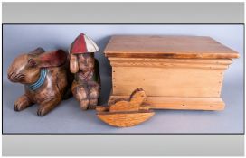 Wooden Box Containing Wooden Rabbit Figure & Chinese Man