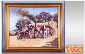 R.Kitchen R.S.A 1920-1987 Preston Artist, Oil On Board `Threshing` 26x21.5``