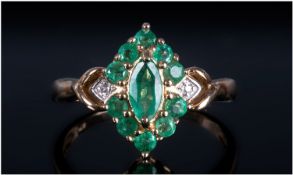 9ct Gold Cluster Ring, Set With Central Emeralds Between Two  Diamond Chips, Fully Hallmarked Ring