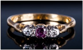 18ct Gold Ring Set With A Central Ruby Between 2 Round Cut Diamonds, Gallery Set, Fully Hallmarked,