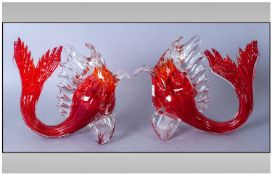 Murano Pair Of Large Handmade Glass Novelty Figures Of Styalised Fish. Red colourway. Each stands