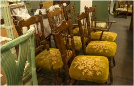 Set Of Six Spindle Back Kitchen Chairs, Comprising Two Carvers, Spindle & Carved Backs. Upholstered