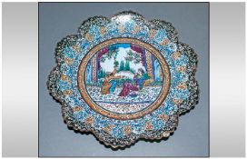 Persian Enamel Decorated Dish On Copper with a shaped petal border decorated to the centre with