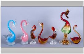 Murano Collection of Glass Figures ( 7 ) In Total. Various Swan and Duck Figures In Pink, Blue and