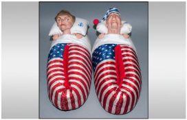 Pair of Novelty Spitting Image Ronald Reagan Slippers with American Flag Design, Depicting