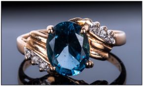 14ct Gold Blue Topaz & Diamond Ring. Ring Size O, Fully Hallmarked