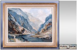 Impressionist Type Painting On Board Of A Lakeland River Scene, in a mountainous background. Signed