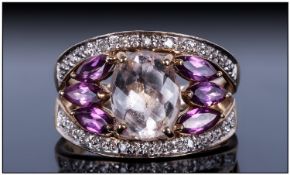 9ct Gold Morganite, Amethyst & Diamond Ring, Ring Size O, Fully Hallmarked