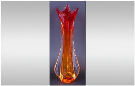 Murano Amber and Red Tall Art Studio Glass Vase. c.1970`s. Stands 14.5 Inches High, Excellent