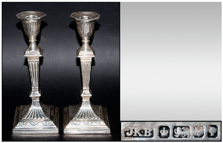 Victorian Silver Pair of Corinthian And Fluted Column Candlesticks. With Detachable Nozzles, Raised