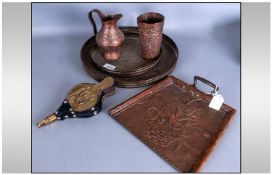 Small Collection Of Metalware including two circular trays, copper tumbler & jug & bellow etc