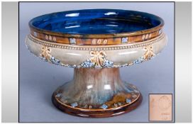 Doulton Lambeth High Glazed Footed Bowl with a blue glazed interior. Fully marked 7.5 inches in