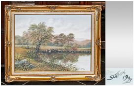 Keith Sutton Original Framed Oil on Board Titled `Banks of the Liugwy`. Signed and Dated 1993 lower