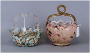 Two Victorian Glass Bride Baskets, one with blue/brown mottled decoration and one pink/gold