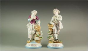 Pair of French Romantic Figures dressed in late 18thC attire, the lady standing by a stream with a