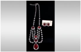 Ruby Red and White Crystal Edwardian Style Necklace and Earrings Set, the necklace comprising a