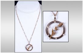 Antique - 9ct Gold Circular Pendant and Chain, Set With Seed Pearls. Marked 9ct. 18 Inches In