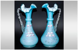 A Pair of Victorian Blue Satin Glass Vases, with Handles and a Crinkly Shaped Top, with at Robing