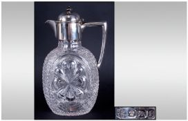 Victorian Silver Topped and Mounted Cut Crystal Claret Jug, Star Base. Height 9.75 Inches. Hallmark