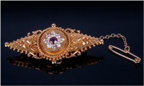 Victorian - Fine 18ct Gold Diamond and Ruby Set Brooch + Safety Chain. Hallmark London 1890. The