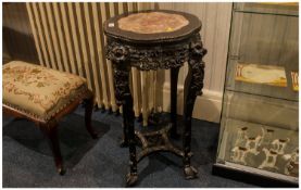 Chinese Carved Jardiniere Stand, Shaped Top With Marble Inset. Carved Foliage Frieze, Four Carved