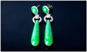 Art Deco Style Jadeite Stone Drop Earrings, Rich Green Colour, White Gold Mounted Polished Oval