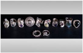 Mixed Lot Of 12 Silver Dress Rings, Some Stone Set, Unusual Designs, Unmarked, Some Stamped 925