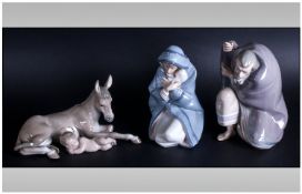 Lladro Nativity Figures 4 in total, Joseph model number 5476, Mary model number 5477, Donkey Model