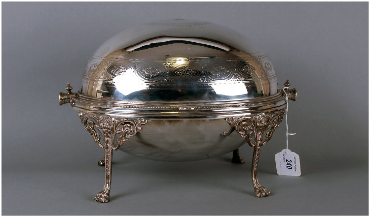 Late Victorian Revolving Silver Plated Breakfast Dish with two interior liners on shaped cast legs