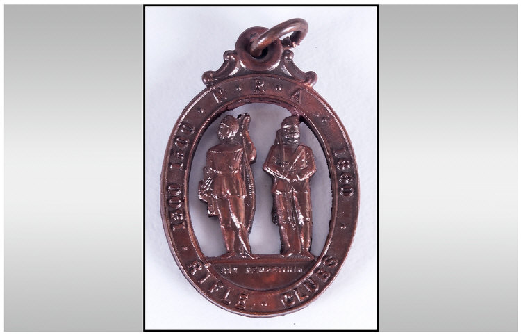 NRA Rifle Clubs Bronze Finish Medallion. Oval with 2 Figures of Different periods between the dates