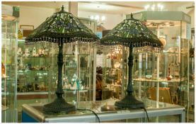 Pair of Modern Tiffany Style Lamps with conical shaped leaded glass shades with an iris decoration,